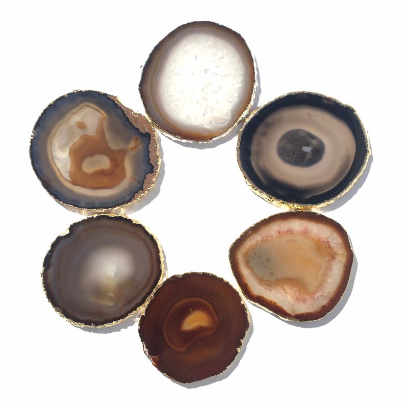 JIC Gem Golden Plated Natural Agate Coasters  6 pcs Set  3-4""  with Rubber Bumper - Image 1