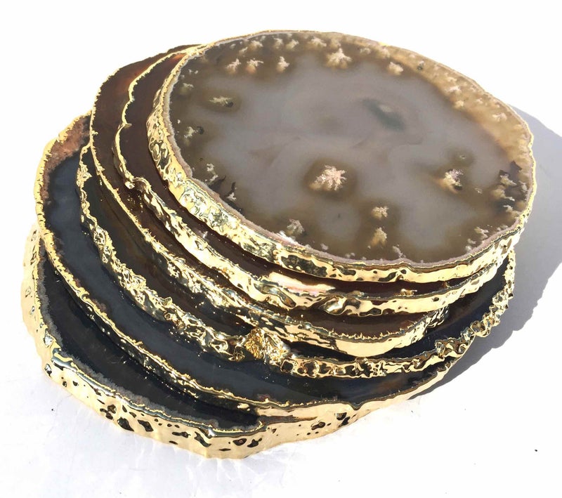 JIC Gem Golden Plated Natural Agate Coasters  6 pcs Set  3-4""  with Rubber Bumper - Image 3