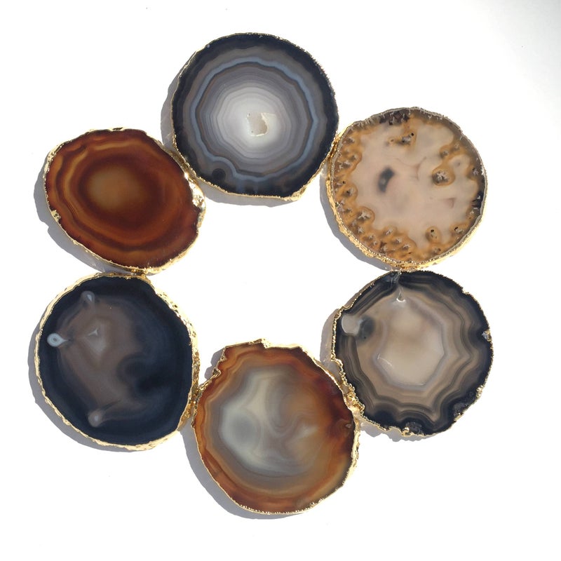 JIC Gem Golden Plated Natural Agate Coasters  6 pcs Set  3-4""  with Rubber Bumper - Image 2