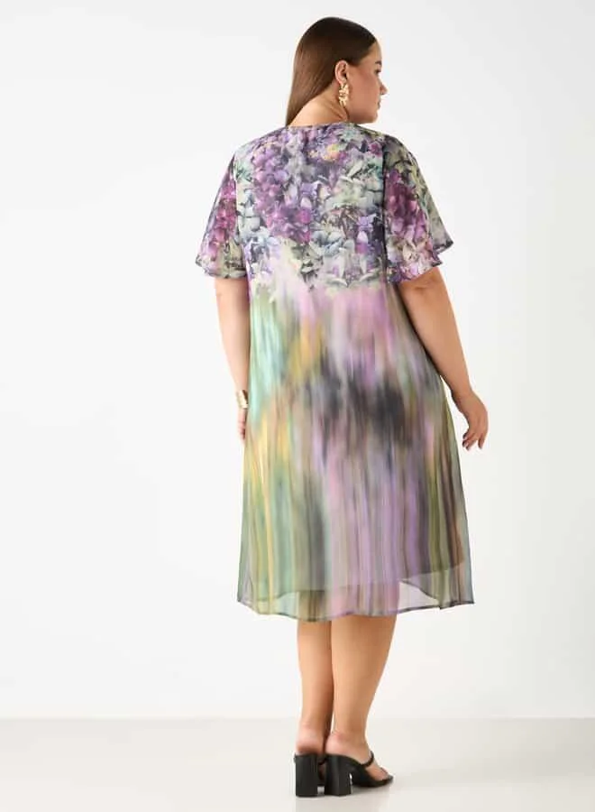 Ulla Popken Plus Size Ulla Popken Print Dress with V-neck