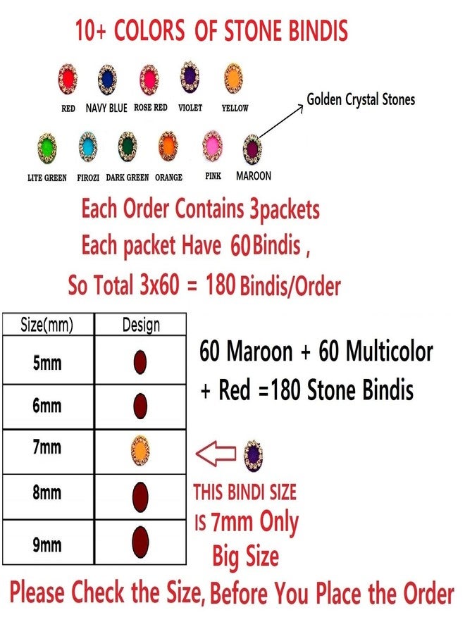 VAMA Multicolour Maroon Red Color Designer Bindee Pottu Sindoor Kumkum Bindi Sticker Combo Set Golden Crystal Stone Bindi for Ladies (Size 7mm - Pack of 180 Bindis) - Image 3