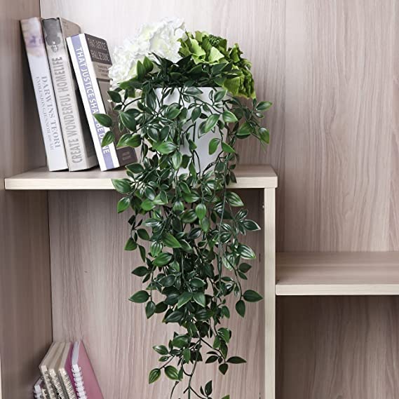 PAPERI Artificial Hanging Plant for Home Decor – Balcony Decoration Items, Outdoor Garden Decorative Fake Plant, Plastic Vine Leaves with Pot, Long Green Leaf Vines for Living Room (Pack of 2) - Image 2