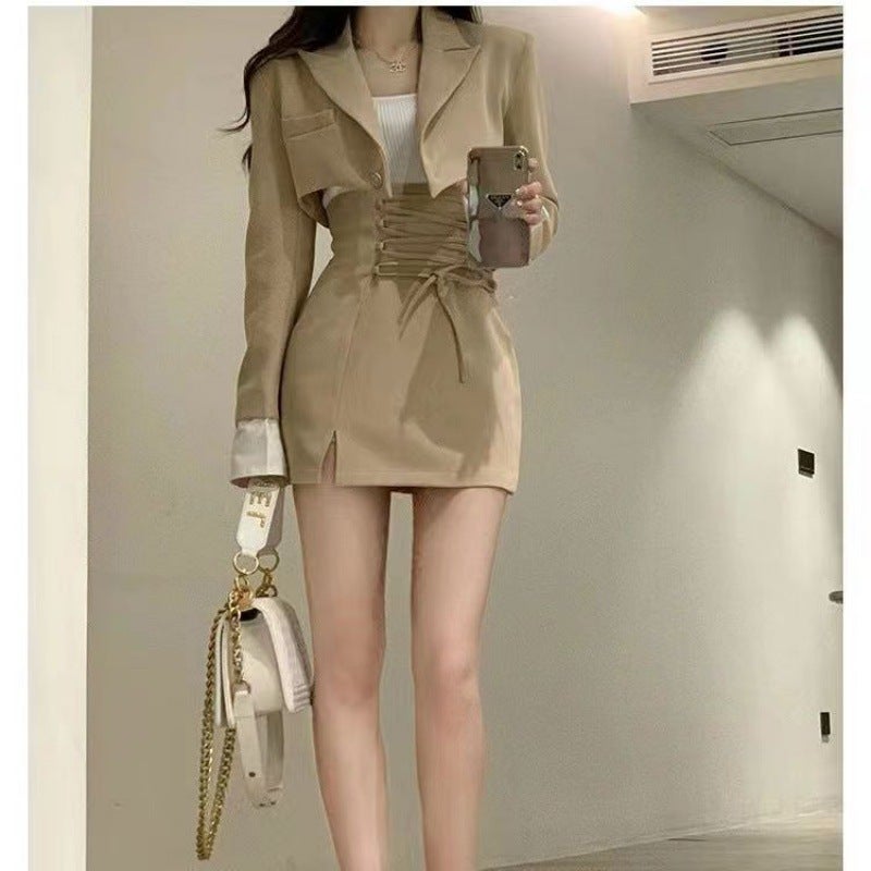 Trendy Cropped Blazer  Skirt Set Women 2024 Jacket Skirt White Three-piece Set