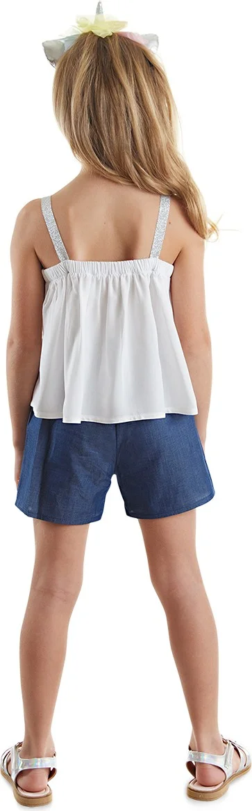 Denokids Colorful Tassel Unicorn Girl Blouse Denim Shorts Set