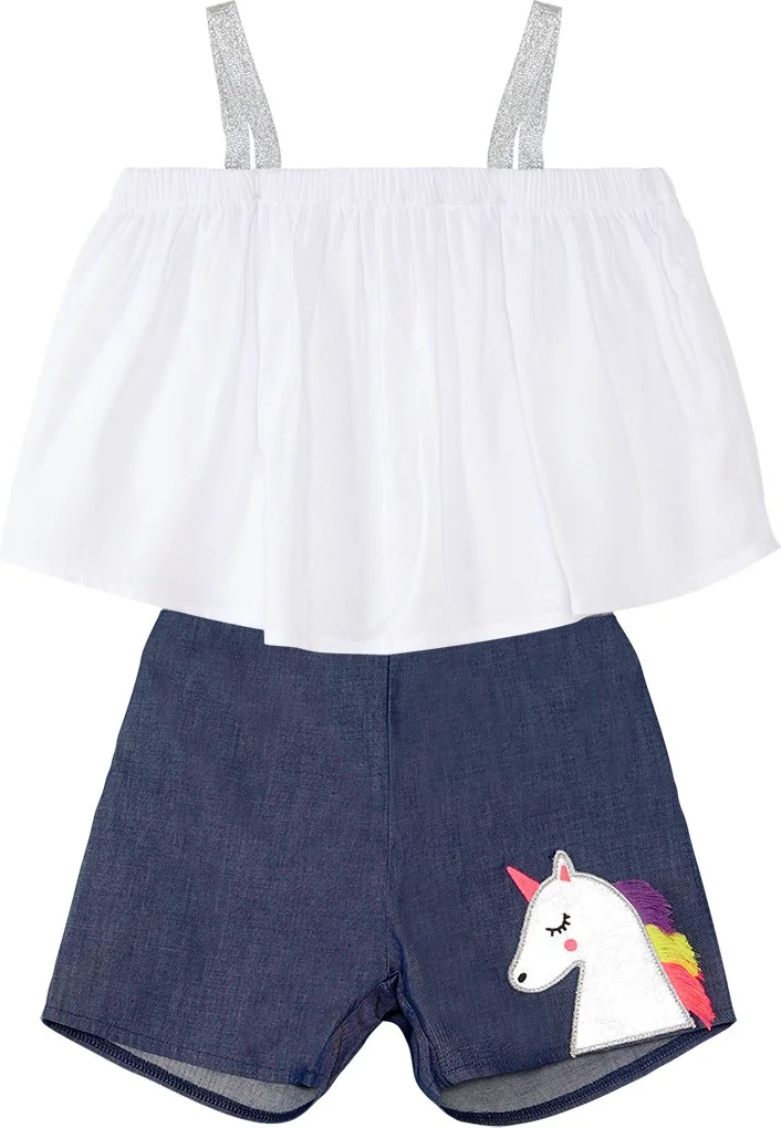 Denokids Colorful Tassel Unicorn Girl Blouse Denim Shorts Set