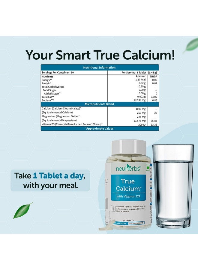 Neuherbs مكمل نيوهيربز True Calcium 1000 ملغ للرجال والنساء - 60 قرص نباتي | أقراص الكالسيوم مع فيتامين د3 المستخلص من النباتات والمغنيسيوم الطبيعي لصحة العظام والمفاصل. - Image 2
