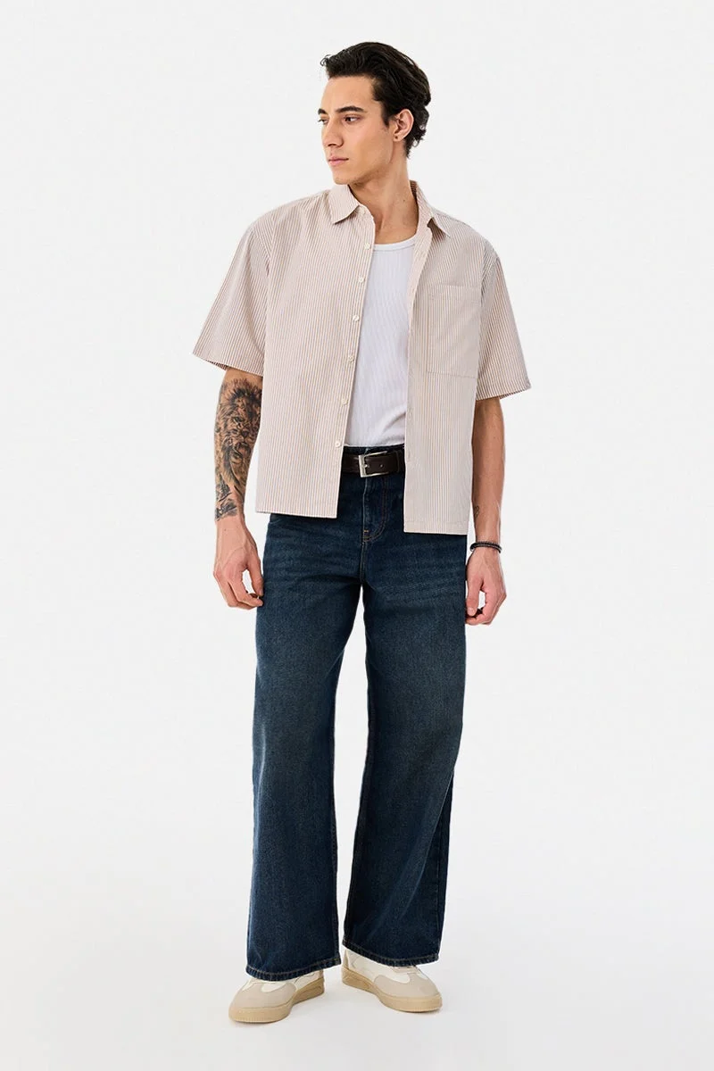 سنيتش Beige Striped Half Sleeve Boxy Shirt