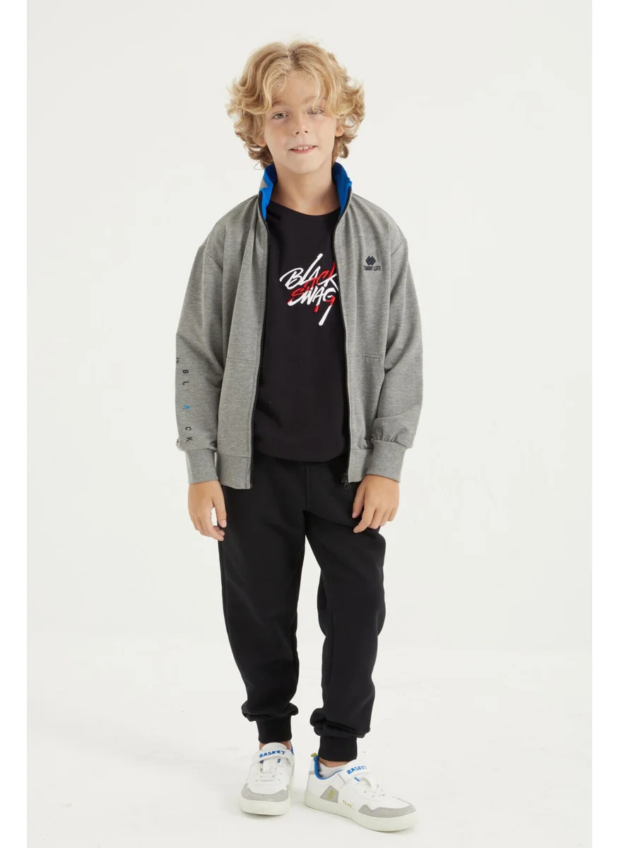 Tommy Life Gray Melange Basic Stand Collar Standard Pattern Embroidery Detailed Zippered Men's Sweatshirt - 11012