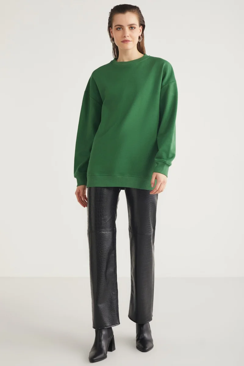 GRIMELANGE Allys Women's Crew Neck Oversize Basic Green Sweatshirt