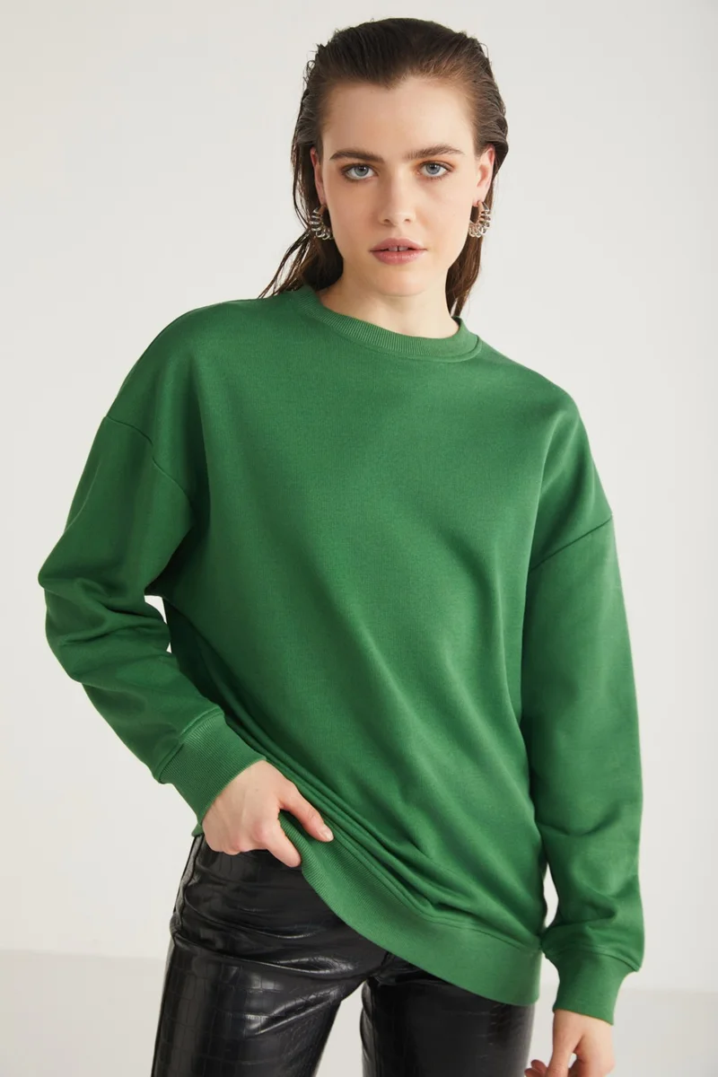 GRIMELANGE Allys Women's Crew Neck Oversize Basic Green Sweatshirt