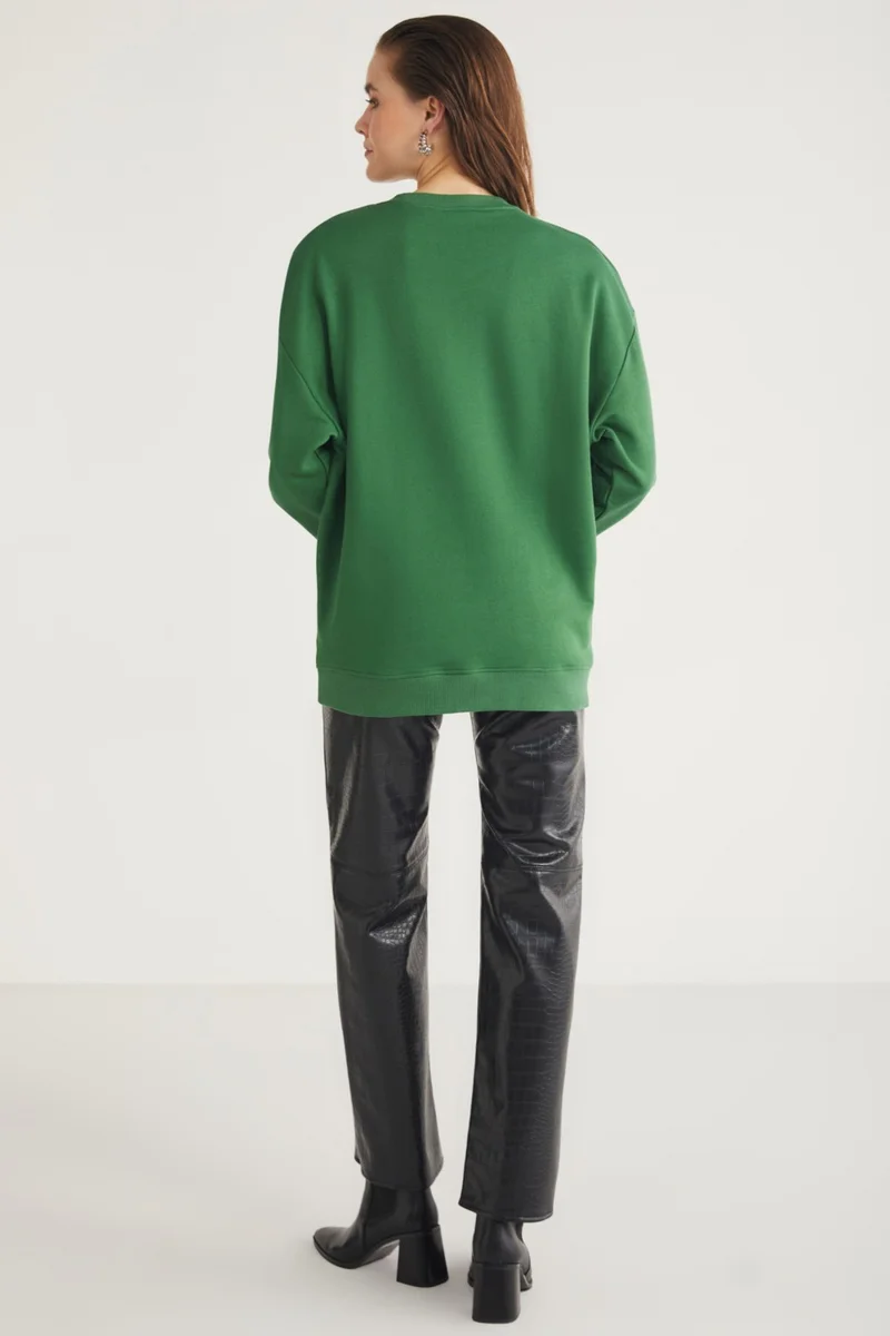 GRIMELANGE Allys Women's Crew Neck Oversize Basic Green Sweatshirt
