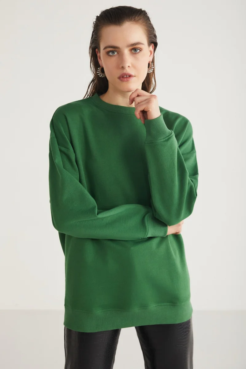 GRIMELANGE Allys Women's Crew Neck Oversize Basic Green Sweatshirt