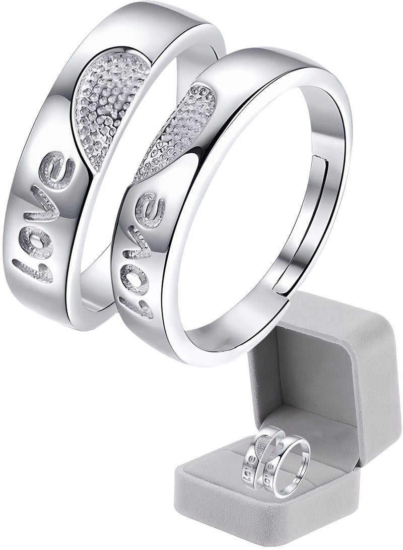 A Pair of 925 Sterling Silver Adjustable Couple Rings Double Heart Matching Bands for Him and Her Perfect for Engagement Wedding Day Anniversary or Daily Wear - Image 1