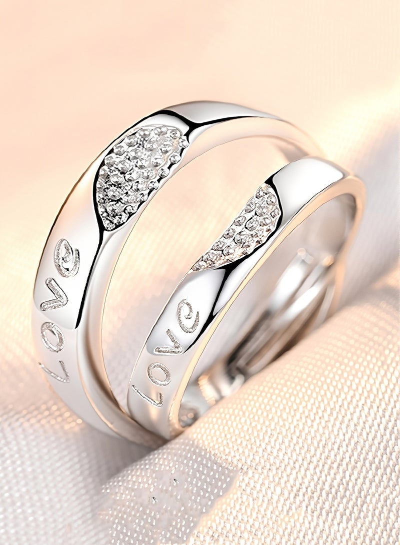 A Pair of 925 Sterling Silver Adjustable Couple Rings Double Heart Matching Bands for Him and Her Perfect for Engagement Wedding Day Anniversary or Daily Wear - Image 2