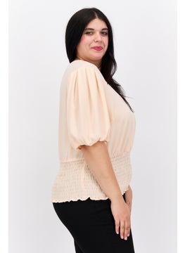 1 State Women Plus Size Puffed Sleeves Plain Blouse, Peach  - Image 3