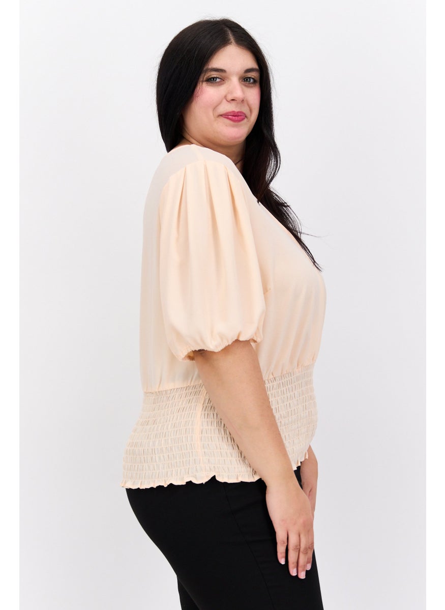 1 State - Women Plus Size Puffed Sleeves Plain Blouse, Peach - Image 1