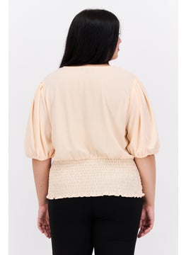 1 State Women Plus Size Puffed Sleeves Plain Blouse, Peach  - Image 2