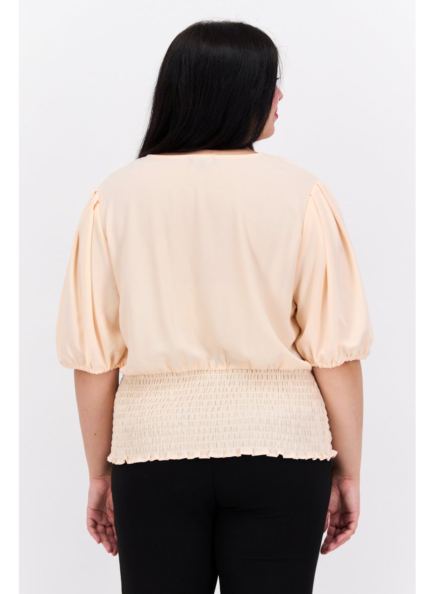 1 State - Women Plus Size Puffed Sleeves Plain Blouse, Peach - Image 1