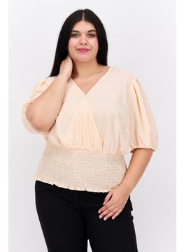 1 State Women Plus Size Puffed Sleeves Plain Blouse, Peach  - Image 1