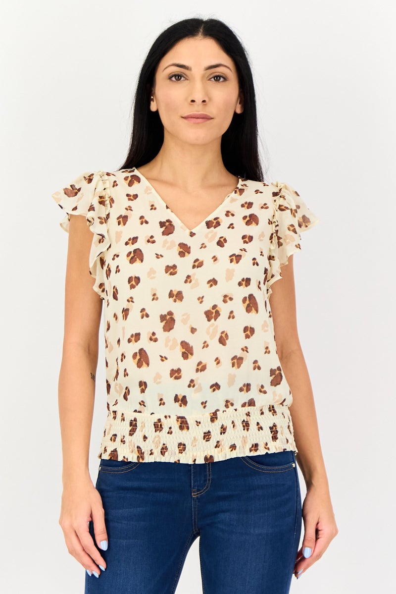 1 State Women V-Neck Flutter Sleeve Animal Print Top, Multicolor - Image 1