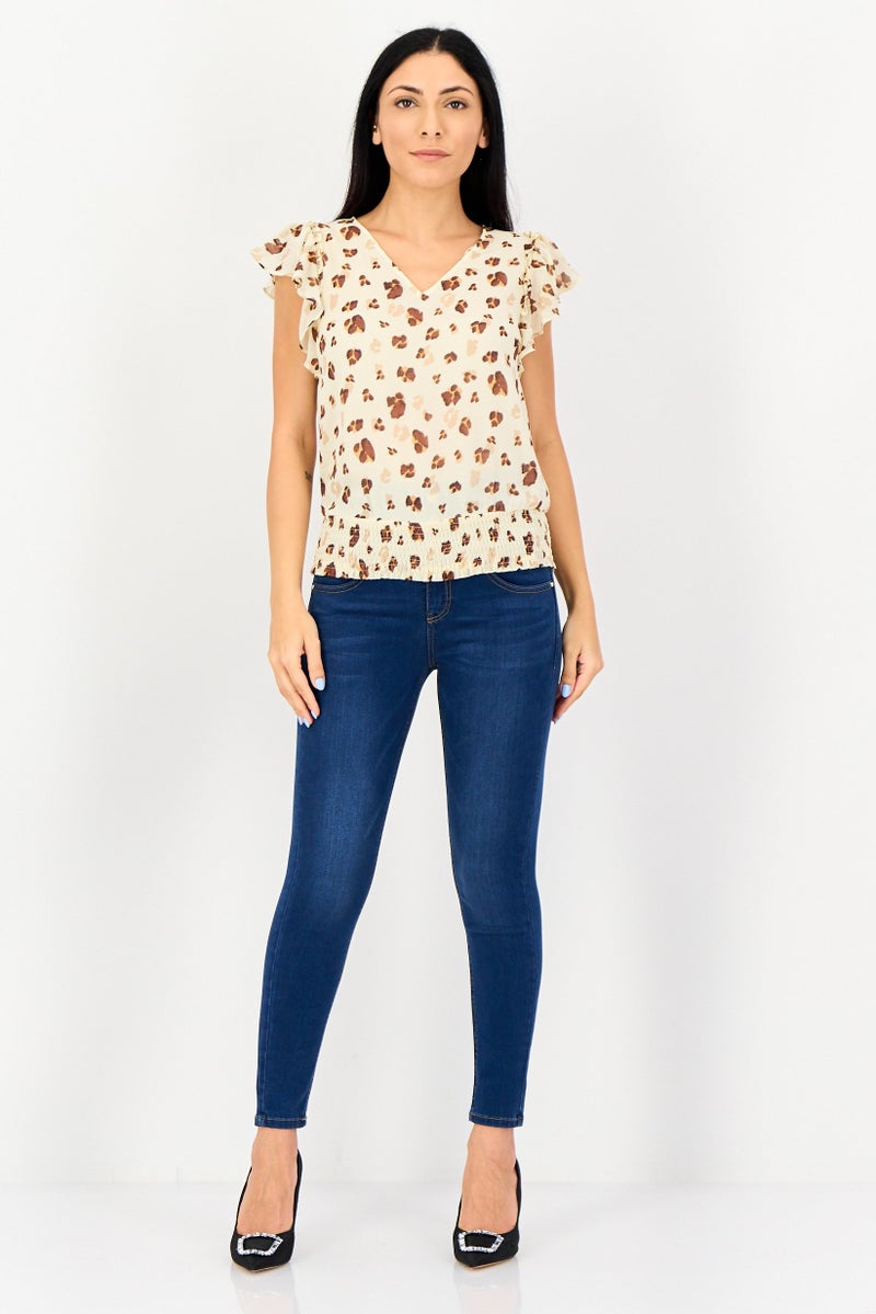 1 State Women V-Neck Flutter Sleeve Animal Print Top, Multicolor - Image 3