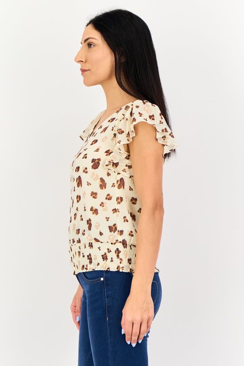 1 State Women V-Neck Flutter Sleeve Animal Print Top, Multicolor - Image 4