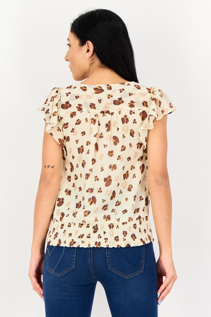 1 State Women V-Neck Flutter Sleeve Animal Print Top, Multicolor - Image 2