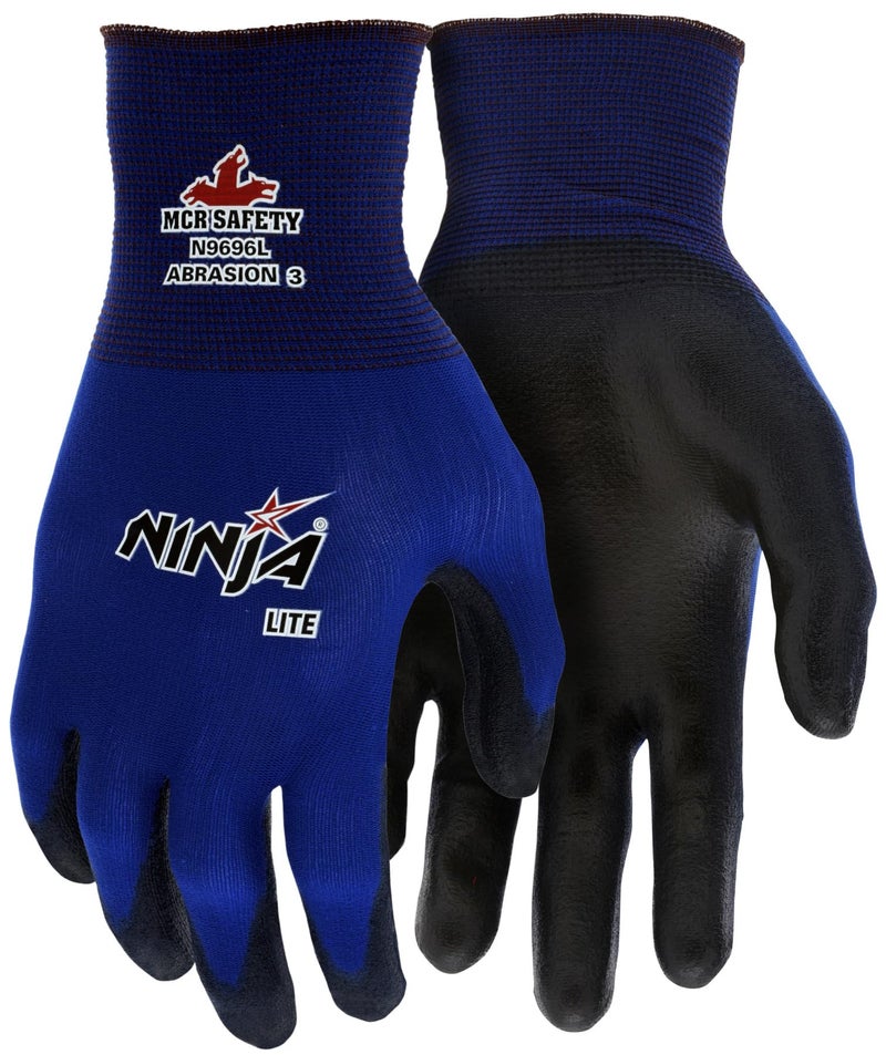 MCR Safety MCR Safety Gloves N9696L Ninja Lite Work Gloves 18 Gauge Blue Nylon Shell Polyurethane (PU) Coated Palm and Fingertips, Black/Blue, Large  - Image 1
