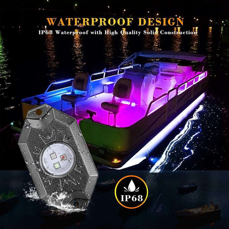 Niking Auto مجموعات أضواء الصخور RGB، من نيكينغ أوتو، تحتوي على 12 وحدة من أضواء LED تحت السطح بتقنية الإضاءة الخلفية RGB، مع إمكانية التحكم عبر التطبيق وتحديد التوقيت واختيار وضع الموسيقى ووظيفة الوميض، مناسبة للشاحنات والمركبات غير الرسمية والدراجات النارية والقوارب. - Image 5