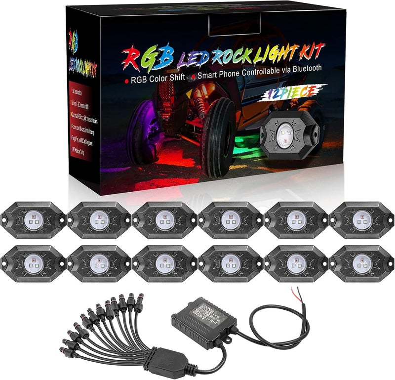 Niking Auto مجموعات أضواء الصخور RGB، من نيكينغ أوتو، تحتوي على 12 وحدة من أضواء LED تحت السطح بتقنية الإضاءة الخلفية RGB، مع إمكانية التحكم عبر التطبيق وتحديد التوقيت واختيار وضع الموسيقى ووظيفة الوميض، مناسبة للشاحنات والمركبات غير الرسمية والدراجات النارية والقوارب. - Image 1