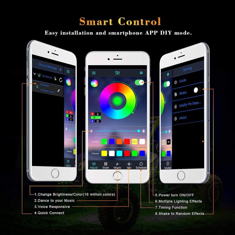 Niking Auto مجموعات أضواء الصخور RGB، من نيكينغ أوتو، تحتوي على 12 وحدة من أضواء LED تحت السطح بتقنية الإضاءة الخلفية RGB، مع إمكانية التحكم عبر التطبيق وتحديد التوقيت واختيار وضع الموسيقى ووظيفة الوميض، مناسبة للشاحنات والمركبات غير الرسمية والدراجات النارية والقوارب. - Image 4