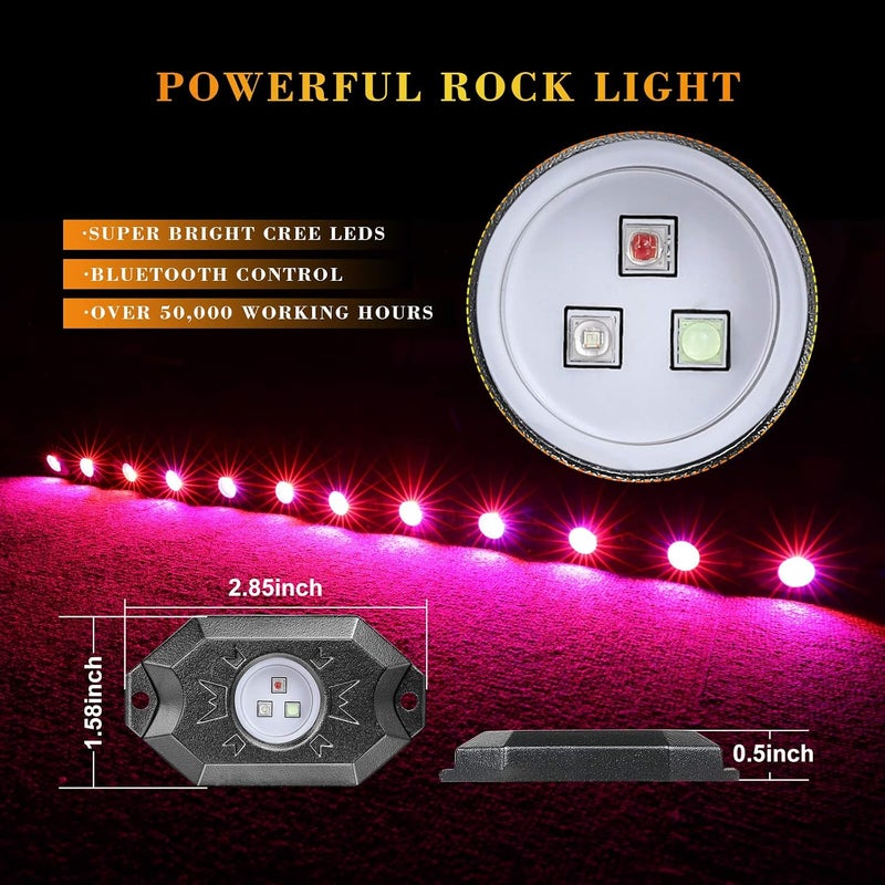 Niking Auto مجموعات أضواء الصخور RGB، من نيكينغ أوتو، تحتوي على 12 وحدة من أضواء LED تحت السطح بتقنية الإضاءة الخلفية RGB، مع إمكانية التحكم عبر التطبيق وتحديد التوقيت واختيار وضع الموسيقى ووظيفة الوميض، مناسبة للشاحنات والمركبات غير الرسمية والدراجات النارية والقوارب. - Image 3