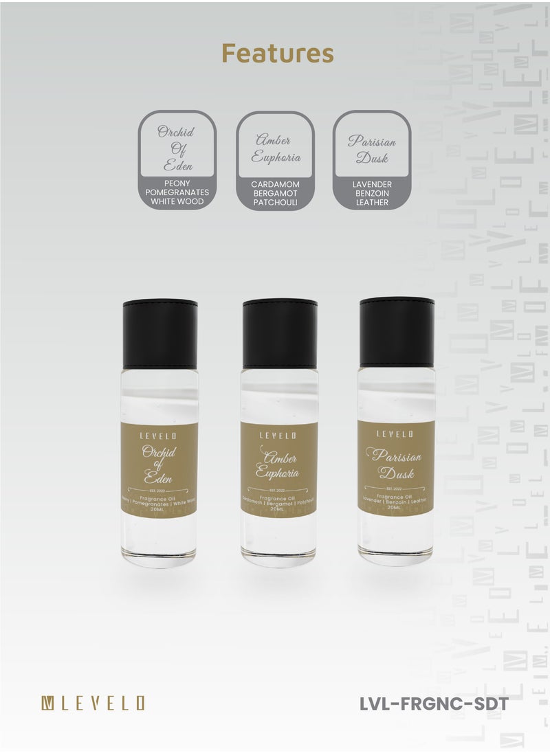 LEVELO - Fragrance Oil 20ml / Parisian Dusk / Amber Euphoria / Orchid of Eden / Perfect for Diffusers/Humidifiers/or Personal Fragrance Applications - Clear - Image 1