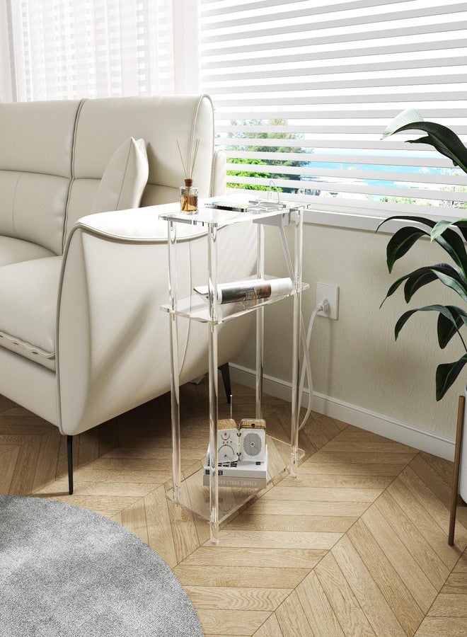 HMYHUM Acrylic Narrow Side Table with Charging Station, 7" Width, 3 Tier Small End Table for Small Spaces, Skinny Nightstand/Bedside Table with USB Ports & Outlet, Clear - Image 2