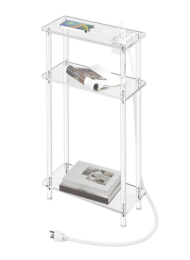 HMYHUM Acrylic Narrow Side Table with Charging Station, 7" Width, 3 Tier Small End Table for Small Spaces, Skinny Nightstand/Bedside Table with USB Ports & Outlet, Clear - Image 1