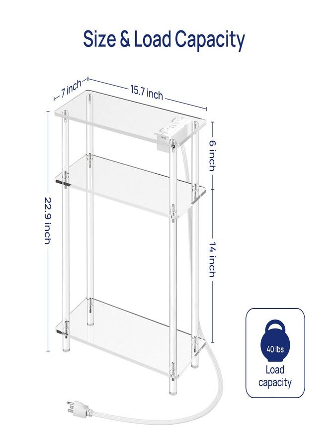 HMYHUM Acrylic Narrow Side Table with Charging Station, 7" Width, 3 Tier Small End Table for Small Spaces, Skinny Nightstand/Bedside Table with USB Ports & Outlet, Clear - Image 3