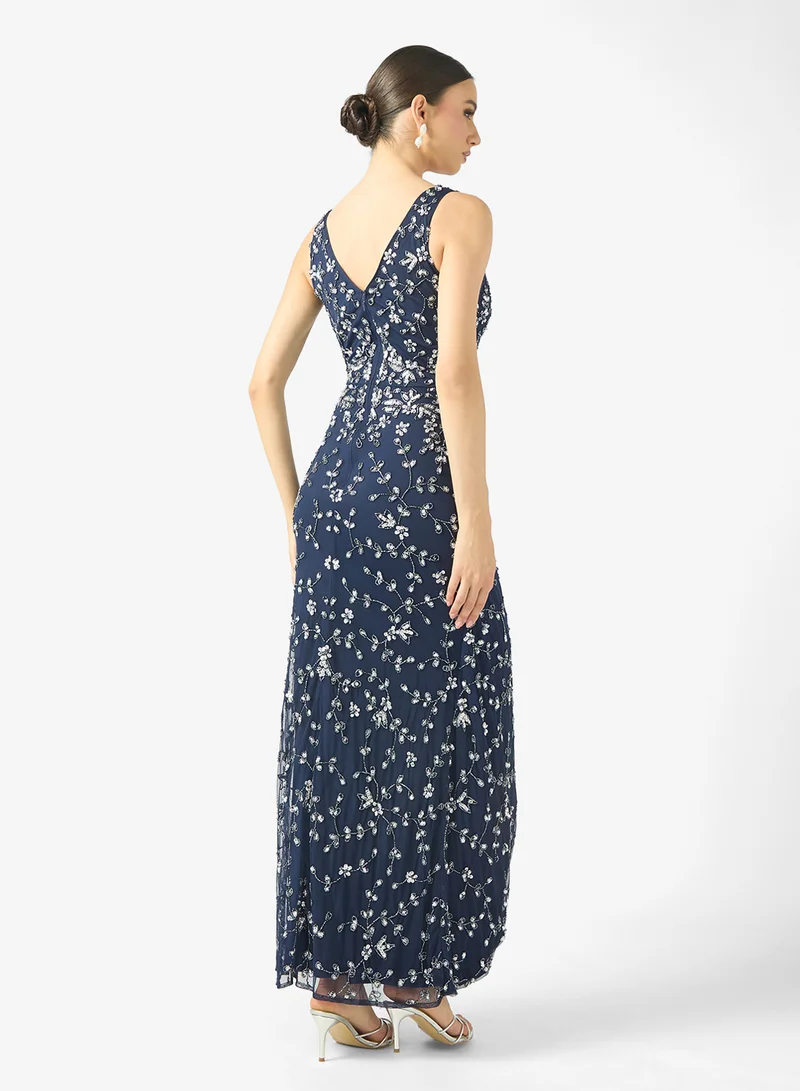 BEAUUT Ranya Embellished V Neck Sleeveless Sequin Maxi Dress