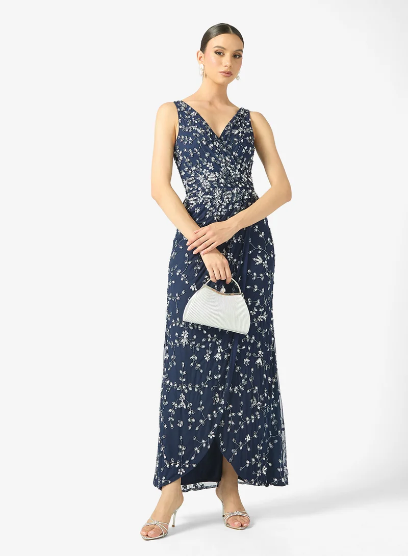 BEAUUT Ranya Embellished V Neck Sleeveless Sequin Maxi Dress