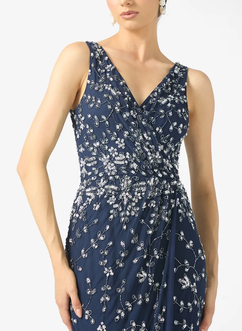 BEAUUT Ranya Embellished V Neck Sleeveless Sequin Maxi Dress