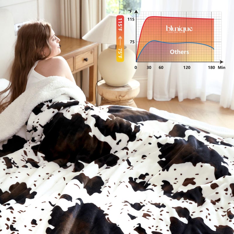 blunique Heated Blanket Queen Blanket - Fast Heating Electric Blanket, Soft Flannel Heated Queen with 4 Time Settings,10 Heating Settings, Warm Gifts for Women & Mom & Grandma(84"x90"Cow Print White) - Image 4