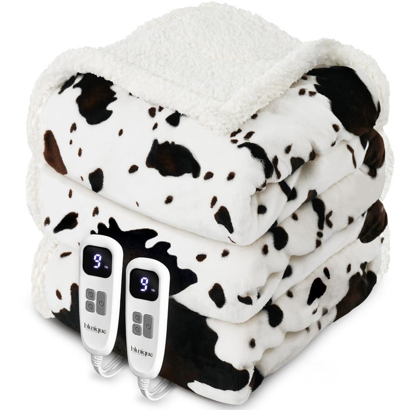 blunique Heated Blanket Queen Blanket - Fast Heating Electric Blanket, Soft Flannel Heated Queen with 4 Time Settings,10 Heating Settings, Warm Gifts for Women & Mom & Grandma(84"x90"Cow Print White) - Image 1
