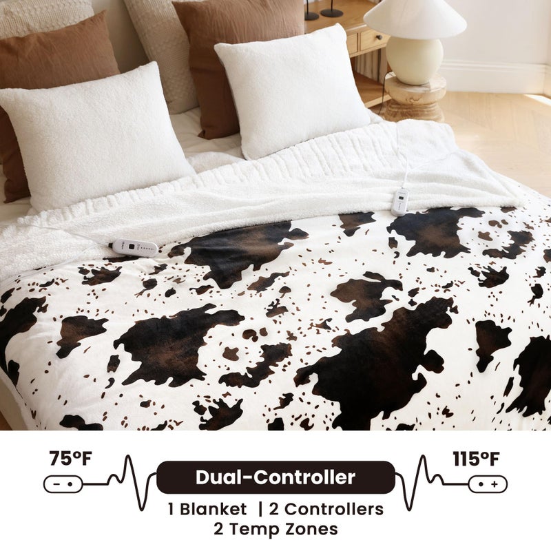 blunique Heated Blanket Queen Blanket - Fast Heating Electric Blanket, Soft Flannel Heated Queen with 4 Time Settings,10 Heating Settings, Warm Gifts for Women & Mom & Grandma(84"x90"Cow Print White) - Image 2