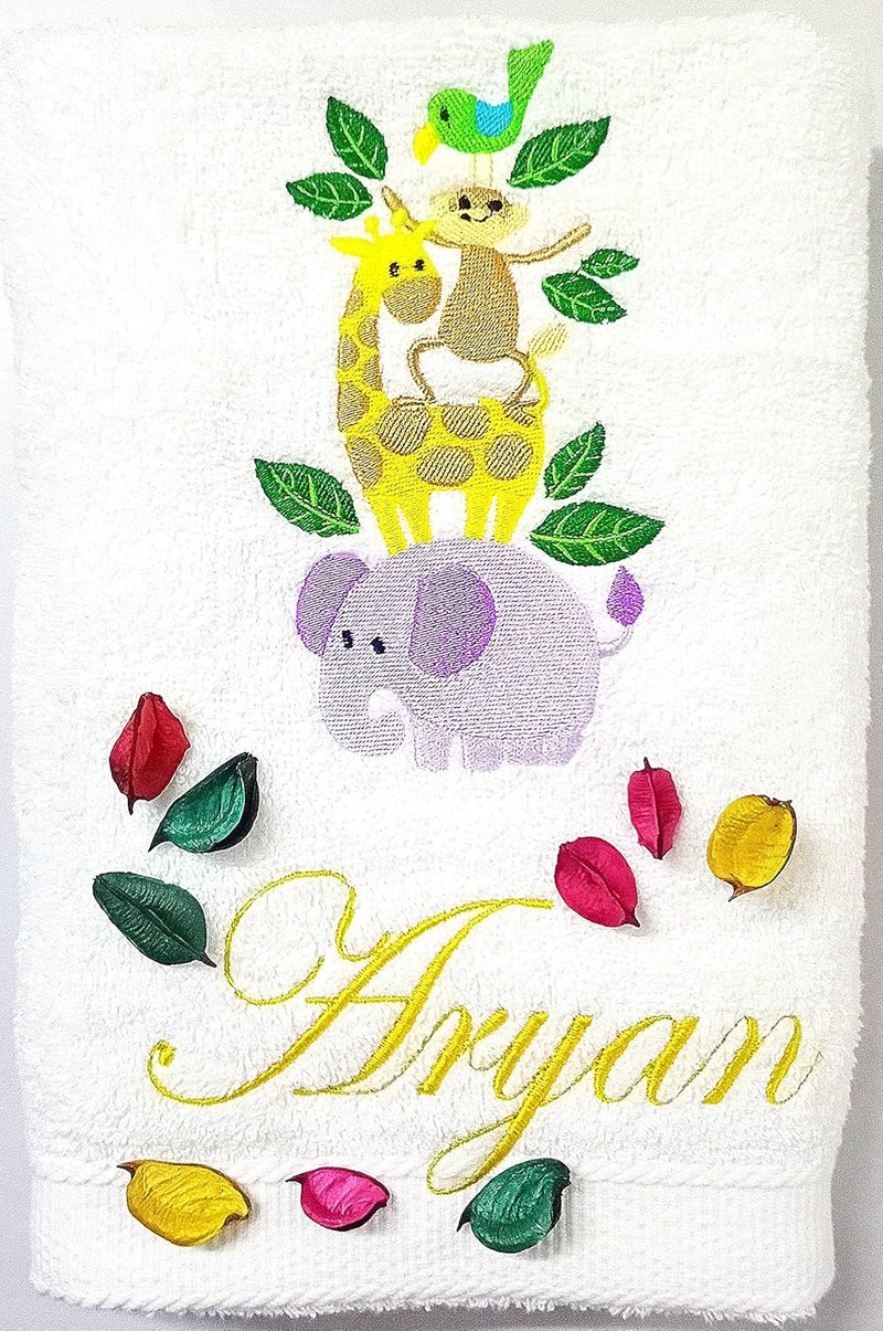 TurtleLittle Cotton Animals Personalised Kids Bath Towel 500 GSM Set of 1 White - Image 1