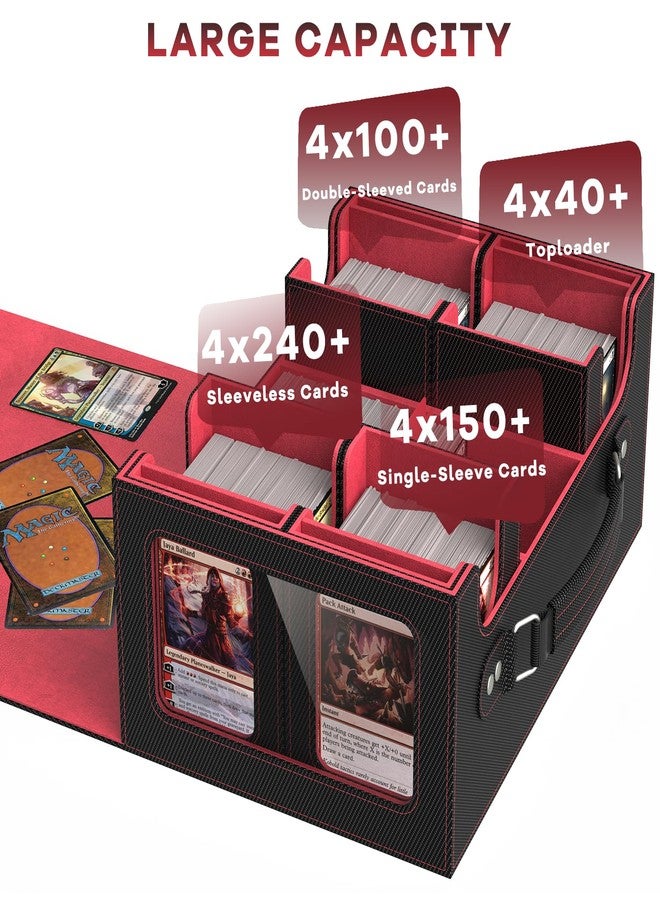 FETUSI Commander Deck Box for MTG Fits 400+ Double-Sleeved Card Storage, 4 IN 1 Removable Card Case with Multi-purpose Deck Case, Display Window for TCG/PTCG/EDH, 4 Magnetic One Touch Holders(Black Red) - Image 3