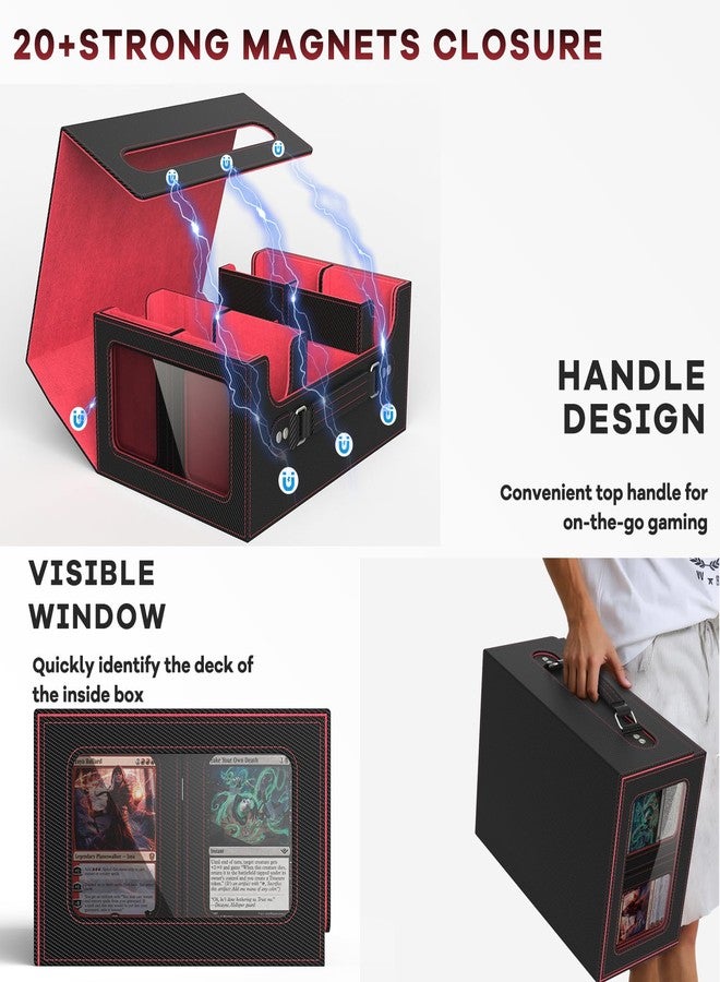 FETUSI Commander Deck Box for MTG Fits 400+ Double-Sleeved Card Storage, 4 IN 1 Removable Card Case with Multi-purpose Deck Case, Display Window for TCG/PTCG/EDH, 4 Magnetic One Touch Holders(Black Red) - Image 5