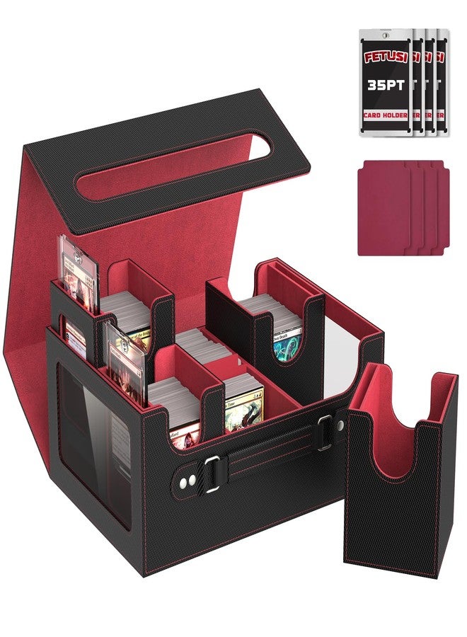 FETUSI Commander Deck Box for MTG Fits 400+ Double-Sleeved Card Storage, 4 IN 1 Removable Card Case with Multi-purpose Deck Case, Display Window for TCG/PTCG/EDH, 4 Magnetic One Touch Holders(Black Red) - Image 1