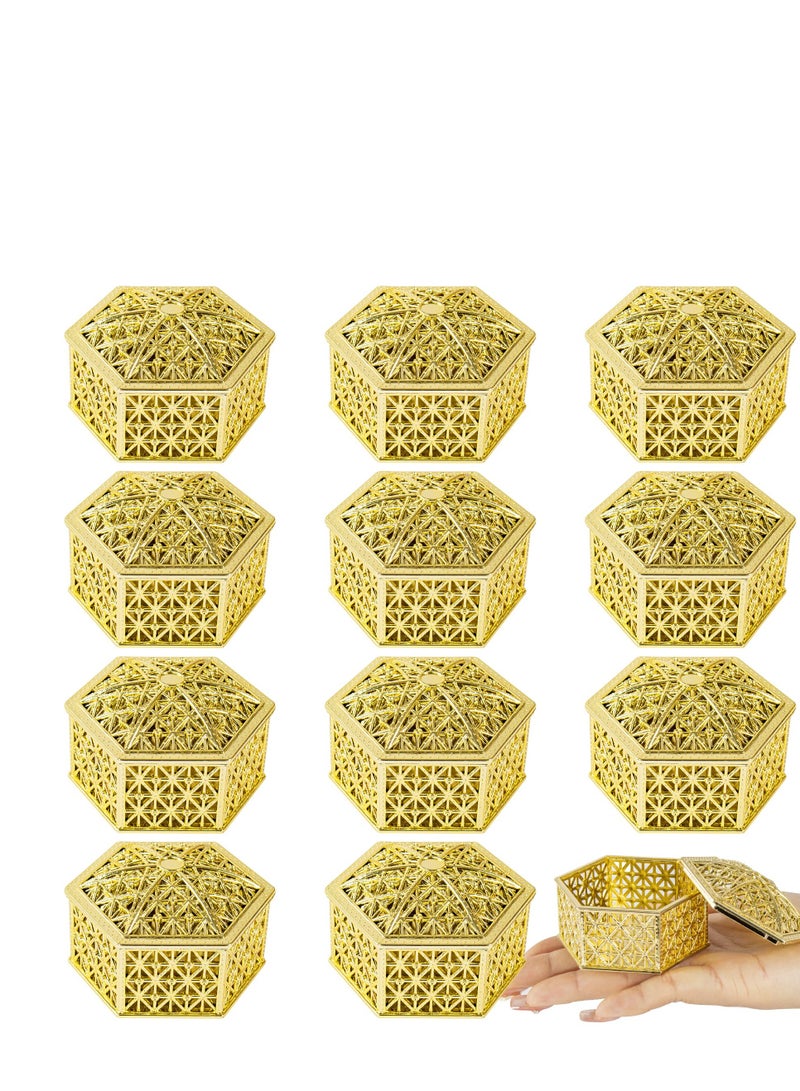 Zikra 12 Pcs Hexagon Candy Boxes - Plastic Wedding Favor Containers, Hollow Jars for Candy Storage, Perfect Gift Boxes for Weddings, Baby Showers, and Birthday Parties, Gold Design. - Image 1