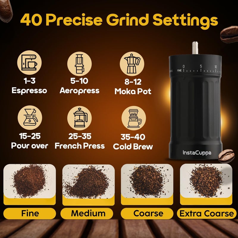 InstaCuppa Manual Coffee Bean Grinder with 40 Adjustable Grind Settings, Ceramic Burr Mill, Glass Jar, Fresh Grind for Espresso, French Press, Pour Over, Cold Brew – Portable & Easy to Clean - Image 2