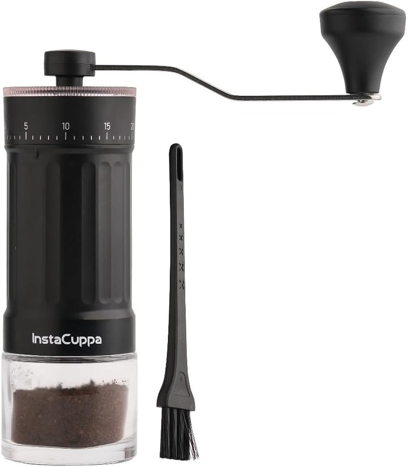 InstaCuppa Manual Coffee Bean Grinder with 40 Adjustable Grind Settings, Ceramic Burr Mill, Glass Jar, Fresh Grind for Espresso, French Press, Pour Over, Cold Brew – Portable & Easy to Clean - Image 1
