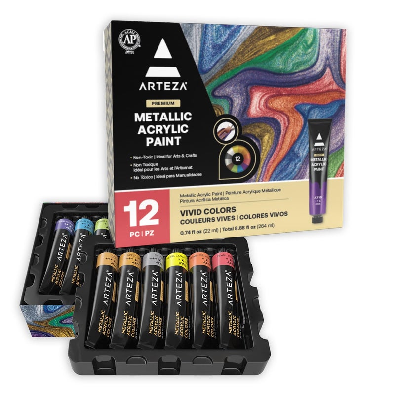 ARTEZA Metallic Acrylic Paint Set of 12 Colors 074 ounce Tubes Artist Paints for Hobby Painters Art Supplies for Canvas Painting